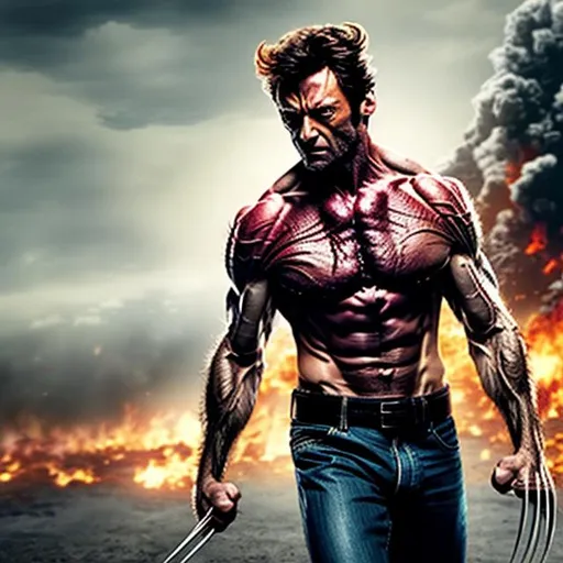 Prompt: Hugh Jackman as Wolverine, walking away from an explosion