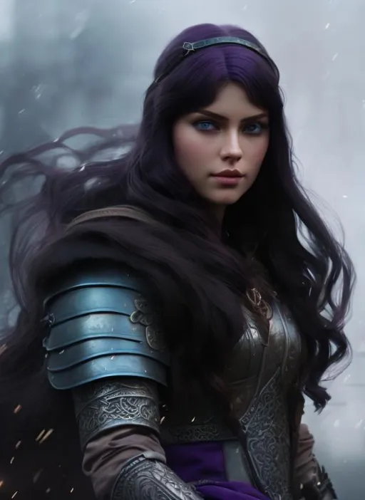 Prompt: she has dark purple hair, create most beautiful fictional female viking princess warrior, dark purple hair, light blue eyes, extremely detailed environment, detailed background, intricate, detailed skin, professionally color graded, photorealism, 8k, moody lighting