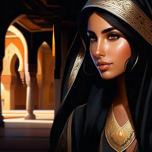 Prompt: Third person, gameplay, Arab girl, olive skin, black hair, hazel eyes, Damascus, golden atmosphere, cartoony style, extremely detailed painting by Greg Rutkowski and by Henry Justice Ford and by Steve Henderson 