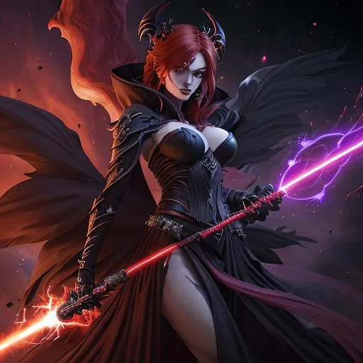 Prompt: Beautiful mayhem, divine chaos, anime Kali with fiery-red hair and red eyes and pale-reddish-purple skin, chaos red-witch in black Sith robes, her name is Talon and she bows regally to her dark Cthuhlu-like master, in space nebula, elegant, prefect composition, soft cinematic lighting, sith master, golden shafts of light, the most beautiful person ever, watercolor illustration by mandy jurgens and alphonse mucha and alena aenami