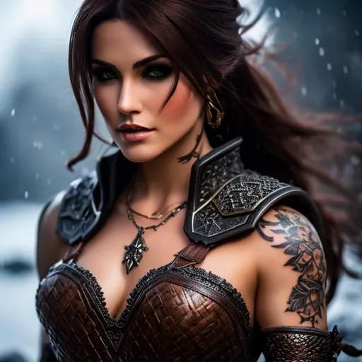Prompt: D&d woman barbarian, village, low armor, short brown hair, tattooed face, highly detailed, professional, render, Sharp focus, HD, UHD, HDR, hyperrealistic 