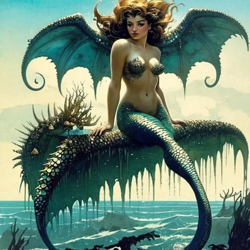 Prompt: beautiful mermaid with gills and spines Splashing and crashing water surrounds it as it breaches the surface of a briney seascape with a far off horizon, the mermaid glistens, frank frazetta, boris vellejo