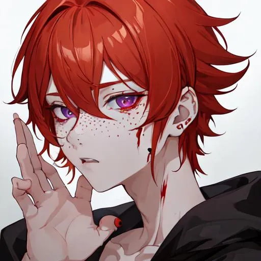 Prompt: Erikku male adult (short ginger hair, freckles, right eye blue left eye purple)  UHD, 8K, insane detail anime style, covered in blood, psychotic, covering his face with his hands, face covered in blood and cuts, blood highly detailed, side view