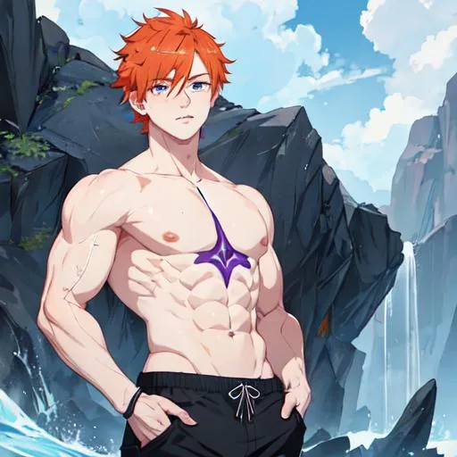 Prompt: Erikku male (short ginger hair, freckles, right eye blue left eye purple) muscular, UHD, 8K, Highly detailed, insane detail, best quality, high quality. hands in his pockets, wearing a t-shirt and shorts