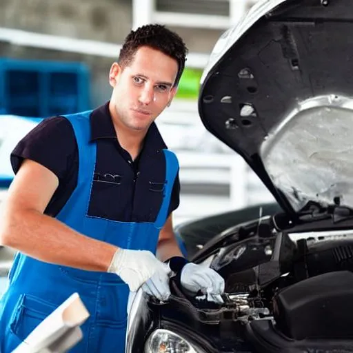 Prompt: Car mechanic in blue overall inspecting headlight
