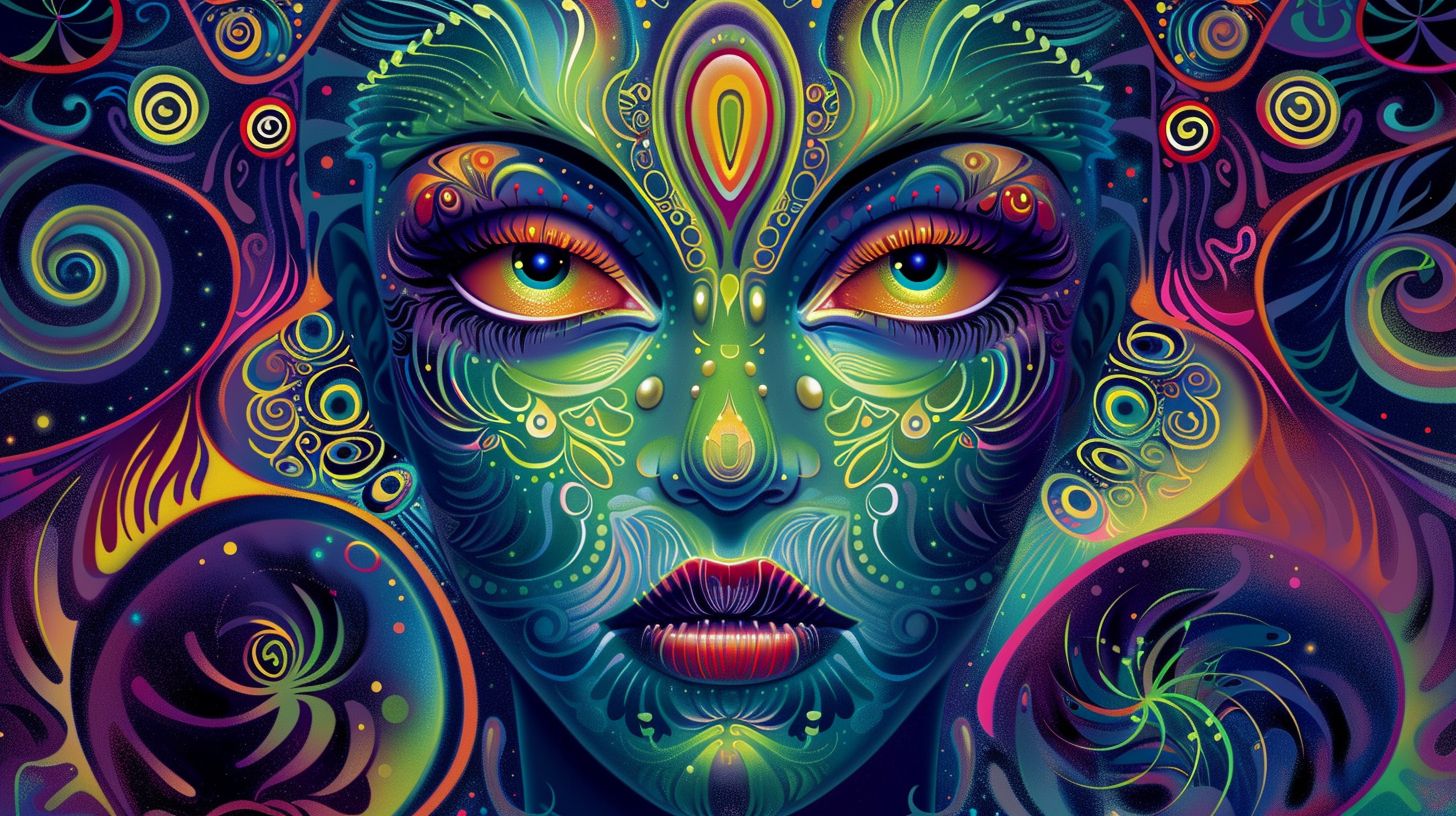 Prompt: This image portrays a fantastical female figure with a vibrant fusion of human and animalistic traits. She has three mesmerizing eyes, two of which are centrally positioned above her human-like eyes. Her face is adorned with intricate patterns and radiant colors, and she is surrounded by swirling elements reminiscent of both flora and fauna.