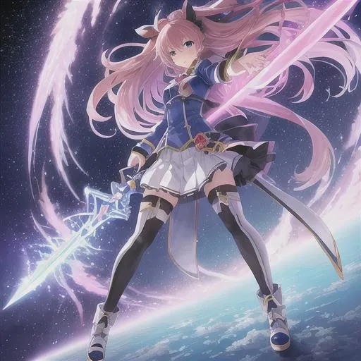 Prompt: anime opening Full-body detailed masterpiece, fantasy, high-res, quality upscaled image, perfect composition, Margaret Persona series, trails in the sky, sora no kiseki, blue moonlight background, flaming greatsword