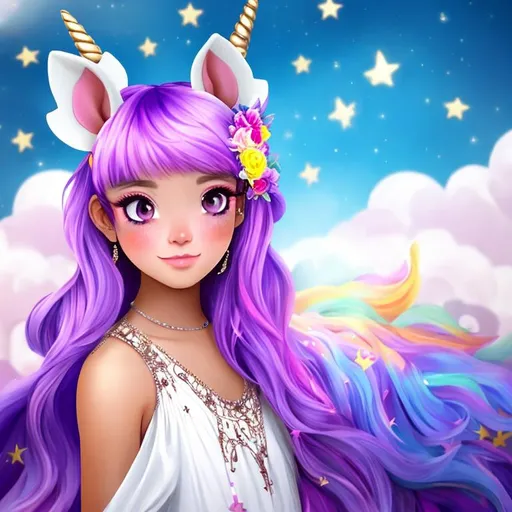Prompt: A person with purple hair and brown eyes and a unicorn hair in a white dress