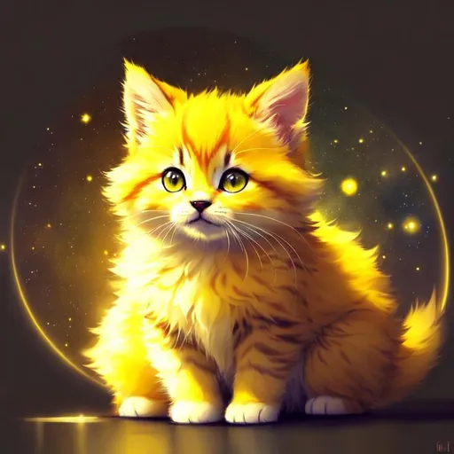 Prompt: Cute, yellow, fluffy, fantasy light kitten, with lighting, yellow eyes, yellow fur, and possessing the element of space and making circles of lighting stripes
 move around in the air in a magical way, in a space background. Perfect features, extremely detailed, realistic. Krenz Cushart + loish +gaston bussiere +craig mullins, j. c. leyendecker +Artgerm.