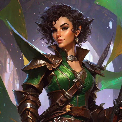 Prompt: splash art of a female elf with leather space pirate armor, short curly hair, diesel punk, dungeons and dragons