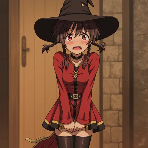 Prompt: (Megumin from Konosuba), full body view, standing shyly with a hesitant expectant expression, posed dynamically with knees inward, hands folded at thighs, looking embarrassed with flushed cheeks, wearing her classic red wizard outfit with gold trim, large black witch hat fully visible, black choker, thigh-high black stockings, detailed leather belt, realistic fabric texture, messy dark brown twin braids, expressive red eyes, soft natural lighting, cinematic warm light, ultra-detailed digital painting, semi-realistic anime style, highly detailed face and hands, full visible background with wooden doors and stone walls, no cropping, full hat in frame, cozy atmospheric mood

Style Enhancers:
"ultra-detailed digital painting, semi-realistic lifelike anime style"
"highly detailed clothing textures and shading"
"expressive soft facial shading"
"realistic hair strands and light reflections"
"full depth of field background with slight blur"
"warm lighting with soft highlights and shadows"
"natural hand pose and anatomy"