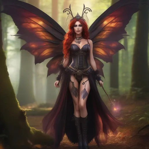 Prompt: Epic. Cinematic. Shes a colorful, Steam Punk, gothic, witch. ((spectacular)), Winged fairy, with a skimpy, ((colorful)), gossamer, flowing outfit, standing in a forest by a village. ((Wide angle)). Detailed Illustration. 8k.  Full body in shot. (Hyper real painting). Photo real. A ((beautiful)), very shapely, woman with ((anatomically real hands)), and ((vivid)) colorful, ((bright)) eyes. A ((pristine)) Halloween night. (Concept style art). 