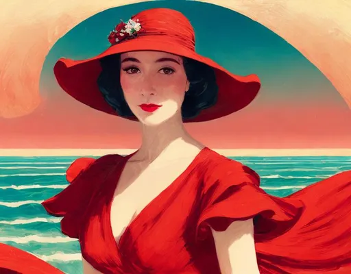 Prompt: elegant lady in a red long dress in the whole body on the seaside. she is wearing a hat with fancy flowers. illustration for fashion magazine in art nouveau style. hyper detail clear focus by Demiurge Ash, Irina French, Dang My Linh, pino daeni 