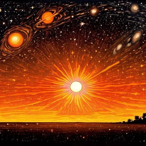 Prompt: Paint a gigantic sun slowly setting down on the horizon the sun is of warm ripe orange colour. All of the stars and galaxies are still visible on the sky 
