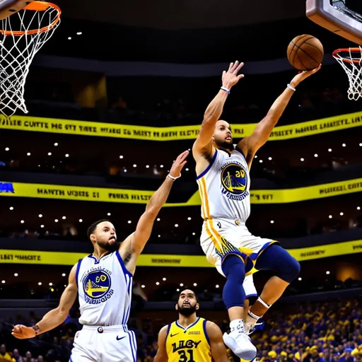 Prompt: (Masterpiece, High quality) Stephen Curry goes for a dunk, Detailed face, Detailed eyes, Highly detailed (UHD:1.2), HDR, 8K, Unreal Engine 5, Highly accurate lighting and extraordinary reflection, photographer (Real face), (masterpiece visuals)