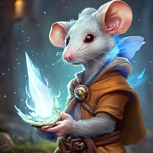 Prompt: cute ratfolk monk holding a small blue fire fantasy character