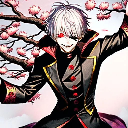 Prompt: kaneki ken from tokyo gul, white hair, one-eyed king, manga style, apocalypsesakura tree above, smiling