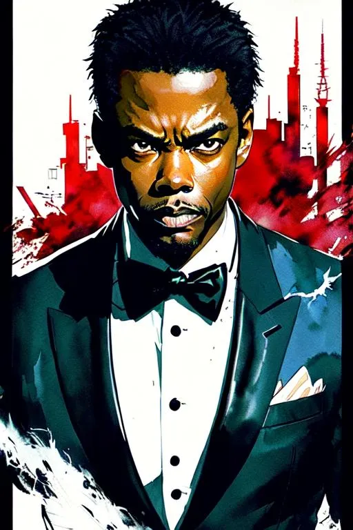 Prompt: poster art (((Yoji Shinkawa))), sticker of ultra detailed portrait of Chris Rock, full detailed tux, tuxedo suit, high quality cell shaded illustration in post apocalyptic style by Yoji Shinkawa, ((full body)), dynamic pose, perfect anatomy, centered, freedom, soul, approach to perfection, cell shading, 4k , cinematic dramatic atmosphere, watercolor painting, global illumination, detailed and intricate environment, artstation, concept art, fluid and sharp focus, volumetric lighting, cinematic lighting, Art by Yoji Shinkawa,
