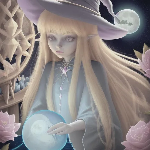 Prompt: witch with long blonde hair, using crystal ball, wearing witch hat, cute, flowers, aesthetic, pastel, fairycore, disney, pixar, moon, stars, witchcraft, in a starry pastel sky, sweet, dreamy, award winning illustration, artstation, highres