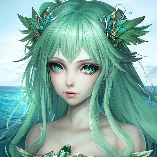 Prompt: fairy goddess with sea green hair and eyes