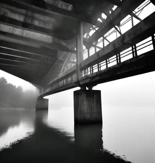 Prompt: Under a suspended bridge, rain falling, fog and mist, storm weather, water