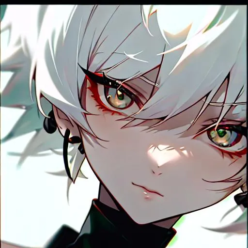 Prompt: Saito (short white hair) 8k, UHD, close up, black earrings