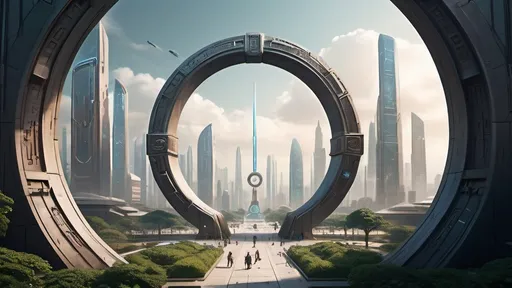 Prompt: small circular portal in the distance, magical portal between cities realms worlds kingdoms, ring standing on edge, upright ring, freestanding ring, hieroglyphs on ring, complete ring, obelisks, gardens, hotels, office buildings, shopping malls, futuristic towers, large wide-open city plaza, panoramic view, futuristic cyberpunk dystopian setting