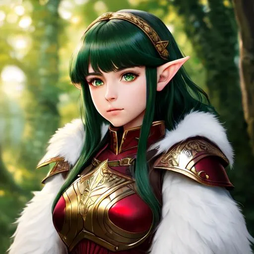 Prompt: "Full body, oil painting, fantasy, anime portrait of a young hobbit woman with short wavy dark green hair and hazel eyes, short elf ears | wearing intricate white and red plate armor, riding a dire wolf #3238, UHD, hd , 8k eyes, detailed face, big anime dreamy eyes, 8k eyes, intricate details, insanely detailed, masterpiece, cinematic lighting, 8k, complementary colors, golden ratio, octane render, volumetric lighting, unreal 5, artwork, concept art, cover, top model, light on hair colorful glamourous hyperdetailed medieval city background, intricate hyperdetailed breathtaking colorful glamorous scenic view landscape, ultra-fine details, hyper-focused, deep colors, dramatic lighting, ambient lighting god rays, flowers, garden | by sakimi chan, artgerm, wlop, pixiv, tumblr, instagram, deviantart