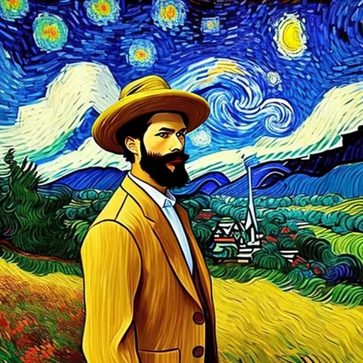 Prompt: A well-dressed man [Flamboyant Clothing, Straw Hat, thick beard], wandering in the mountains, a wooden cabin in the distance. peaceful atmosphere. Character by Hirohiko Araki. background by Vincent Van Gogh {Sky painted by Vincent Van Gogh}. Background by Bob Ross {Mountain painted by Bob Ross}.