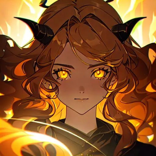 Prompt: Aged female human with yellow glowing eyes, long light brown curly hair. horns.