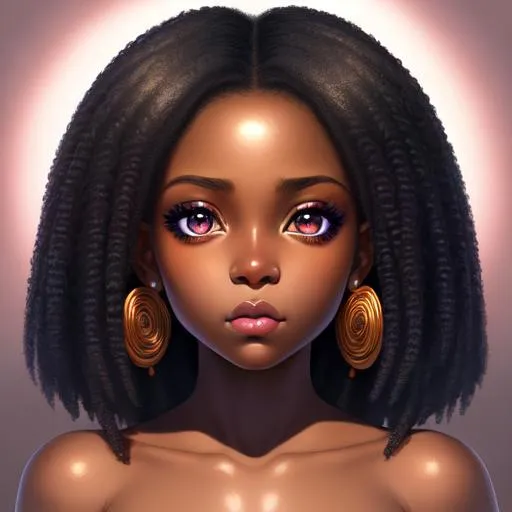 Prompt: Closeup face portrait of a black girl, smooth soft skin, big dreamy eyes, beautiful intricate colored hair, symmetrical, anime wide eyes, soft lighting, detailed face with make-up, concept art, digital painting, looking into camera