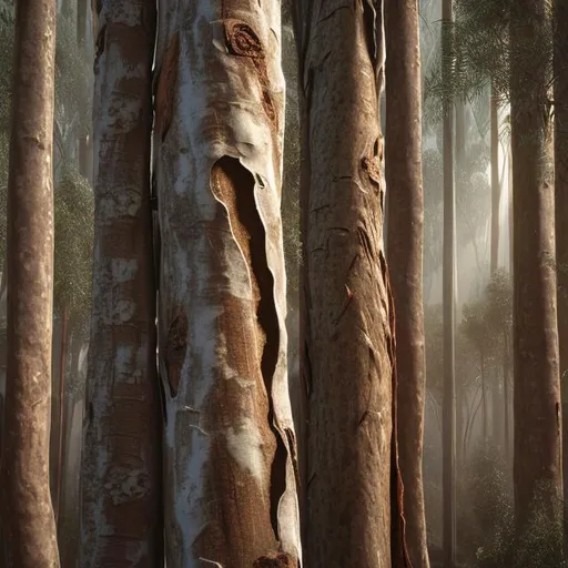 Prompt: 3d realistic render, Soft lighting, eucalyptus tree bark, close up, background blurred forest.