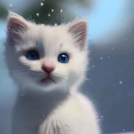 Prompt: a cutest white kitten in the snow in the forest