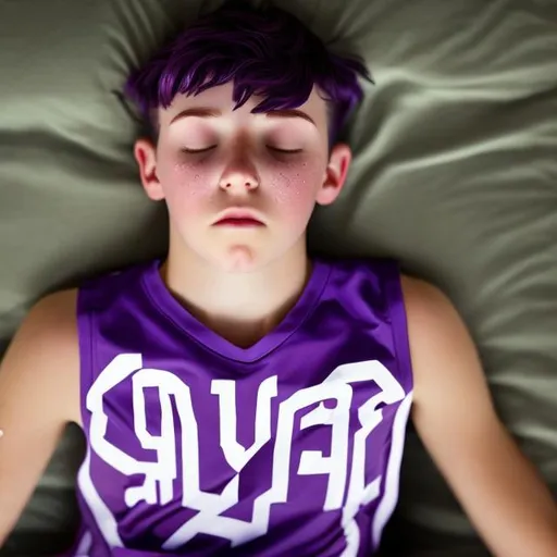 Prompt: 13 year old athletic boy, sporty short purple hair, eyes closed, drooling, sitting still, clam, relaxed, drooling out of mouth, sleeping, in bed, lying down, thin