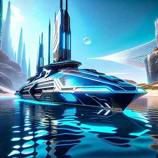 Prompt: "A fully hyperdetailed, ultra-detailed, futuristic Sci-Fi style Navy Ship sails through the crystal clear waters of the River Styx, on both of the river banks there are fully ultra-detailed futuristic Sci-Fi style sky-scrappers and towers, highest quality of details and design, hyperrealistic, intricately detailed background, Unreal Engine 5, HDR Octane 3D, Ultra HD 1024K, CryEngine, digital art masterpiece, perfect image composition, axis, clarity, harmony, hierarchy, rhythm, order, symmetry, proportions.