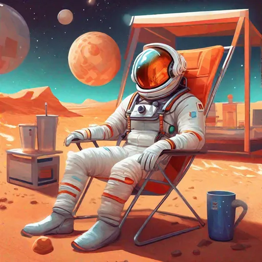 Prompt: "an astronaut in a space helmet resting on mars in a beach chair at a coffee shop, vibrant lighting, elegant, highly detailed, smooth, sharp focus, illustration, beautiful, geometric, full body, cinematic, artwork by borovikovsky"