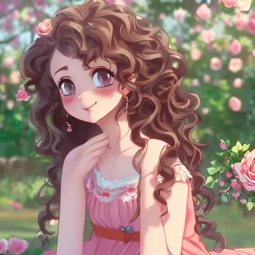 Prompt: A beautiful girl sitting in beautiful rose garden she has curly wavy hairs in anime style
The boy is sitting next to her with rose bouquet looking at her