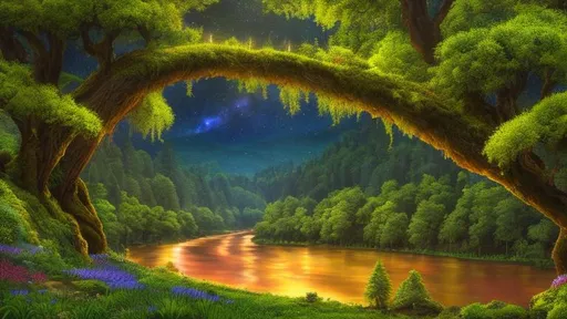 Prompt: valley, ents, tree people, meeting of ents, highly detailed, dynamic lighting, winding river, lake, realism, realistic, flowers, moss, photo real, night time, night sky, stars, detailed, highly detailed, UHD, single light source, perfect composition, photo real, realistic, super detailed, 8k, high quality, sharp focus, intricate details, highly detailed
