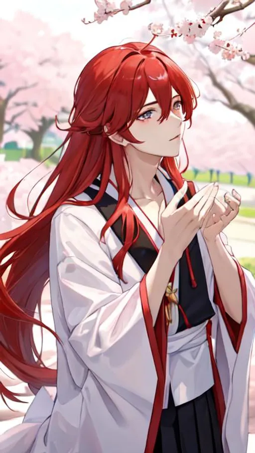 Prompt: Zerif 1male (Red side-swept hair covering his right eye) kissing Haley, 8K, UHD, best quality, under the cherryblossom trees, wearing a Japanese school uniform 