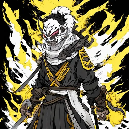 Prompt: a demon slayer hashira with white mask and yellow and black and lava breathing style