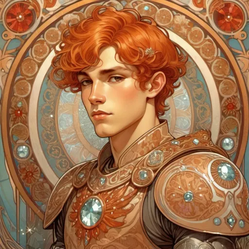 Prompt: Alphonse Mucha Style, art nouveau illustration, a young man with short red hair and tan skin, wearing adorned diaomon armor, with crystals behind him
