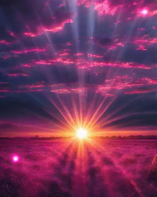 Prompt: A vibrant sunburst photograph taken looking directly at a sunrise, vibrant hues of pink, purple and orange radiate out from the sun surrounded by blues and blacks. Lens flares enhance the dazzling starburst effect.
