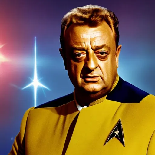 Prompt: A portrait of Rodney Dangerfield, wearing a Starfleet uniform, in the style of "Star Trek the Next Generation," with a Star Trek background.