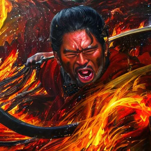 Prompt: UHD, 8K, Ultra photorealistic, oil painting, of a samurai, at the gates of hell with fury in his heart, and rage streaming through his body.