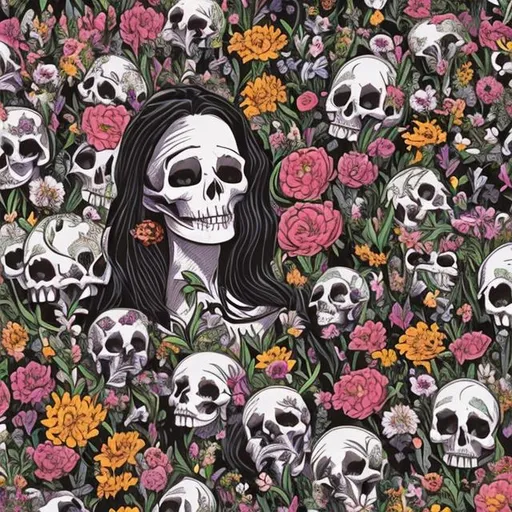 Prompt: a field full of skulls and flowers and lady death happy on it