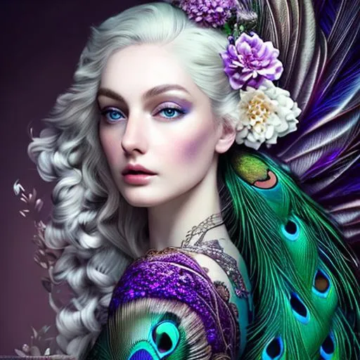 Prompt: dynamic composition of a pale skinned woman with hair of flowers and peacock plummage  of aqua and purple, ornate details,facial closeup