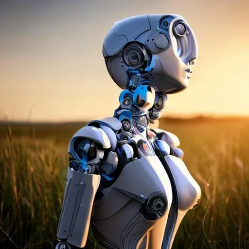 Prompt: beautiful Fine art photography of a solarpunk part robot part human girl with real human face and shoulders, white background, highly detailed, medium shot, photorealism, sunset lighting 8k