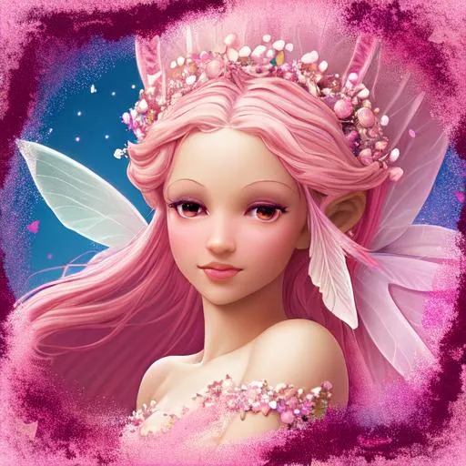 Prompt: ivory skinned fairy goddess with a pink  background with feathers,close up