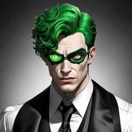 Prompt: (((The Riddler))), (((manly))) (muscular) (((green tuxedo printed with black question marks))), ((realistic detailed eyes)) ((masterpiece)), ((best quality)), (((full body))), hyper quality, refined rendering, ((highly detailed fantasy art)), highly detailed, (super fine illustration), highres, (ultra-detailed), detailed face, perfect face, ((extremely muscular)) stunning art, best aesthetic, twitter artist, amazing, high resolution, fine fabric emphasis, UHD