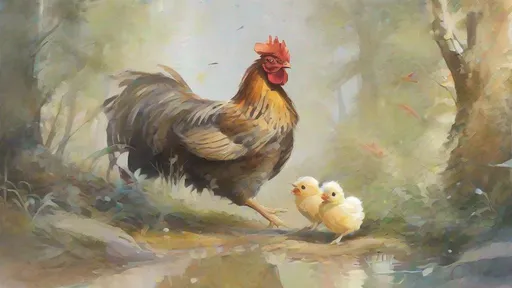 Prompt: a painting of a happy chicken running in the forest with baby chickens, raining, by anato finnstark. front view, simple watercolor, thomas kinkade, post-apocalyptic, stained, saturated watercolor, high composition, by tithi luadthong, 240p, {disney construction}, art by frank frazetta